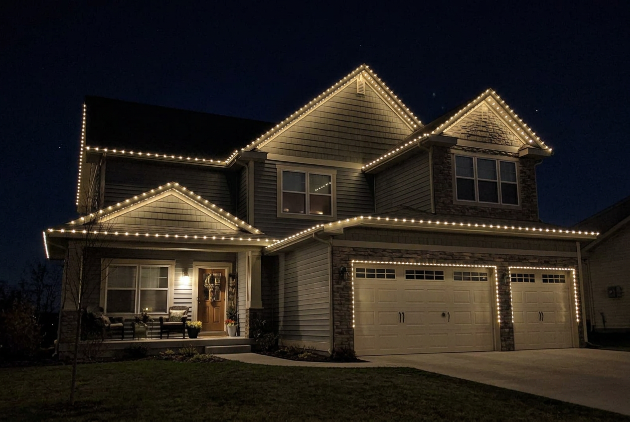 Luxury Edmonton home shown in daylight and illuminated at night at night with EGLUX lighting