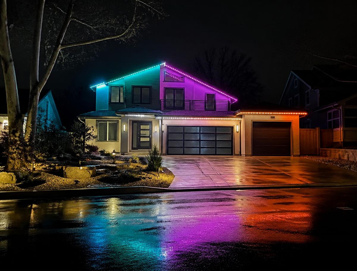 Modern home at night with permanent RGB lights in teal, magenta and amber