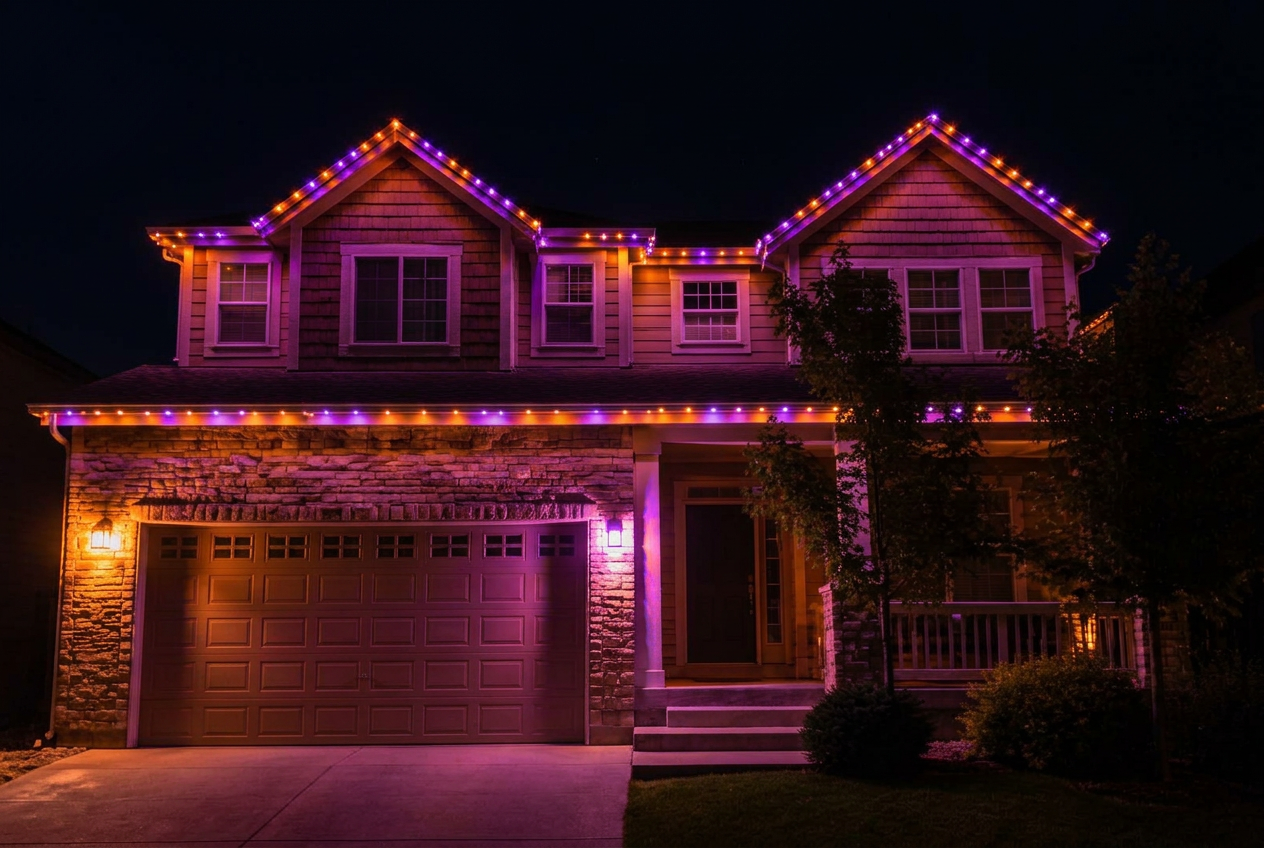 Home with halloween permanent lighting scene