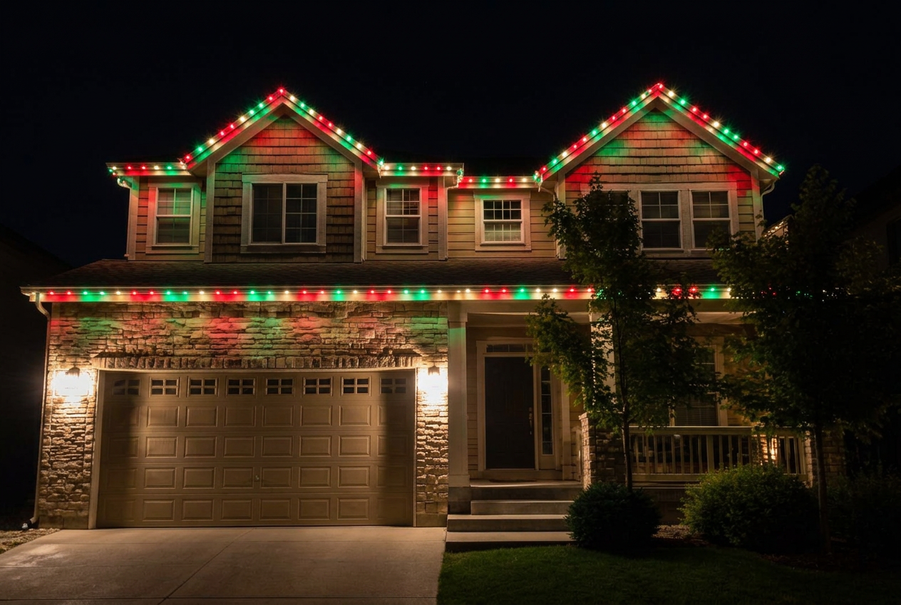 Home with holiday permanent lighting scene