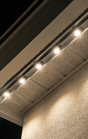 Close-up of warm white permanent LED lights recessed in a soffit at night