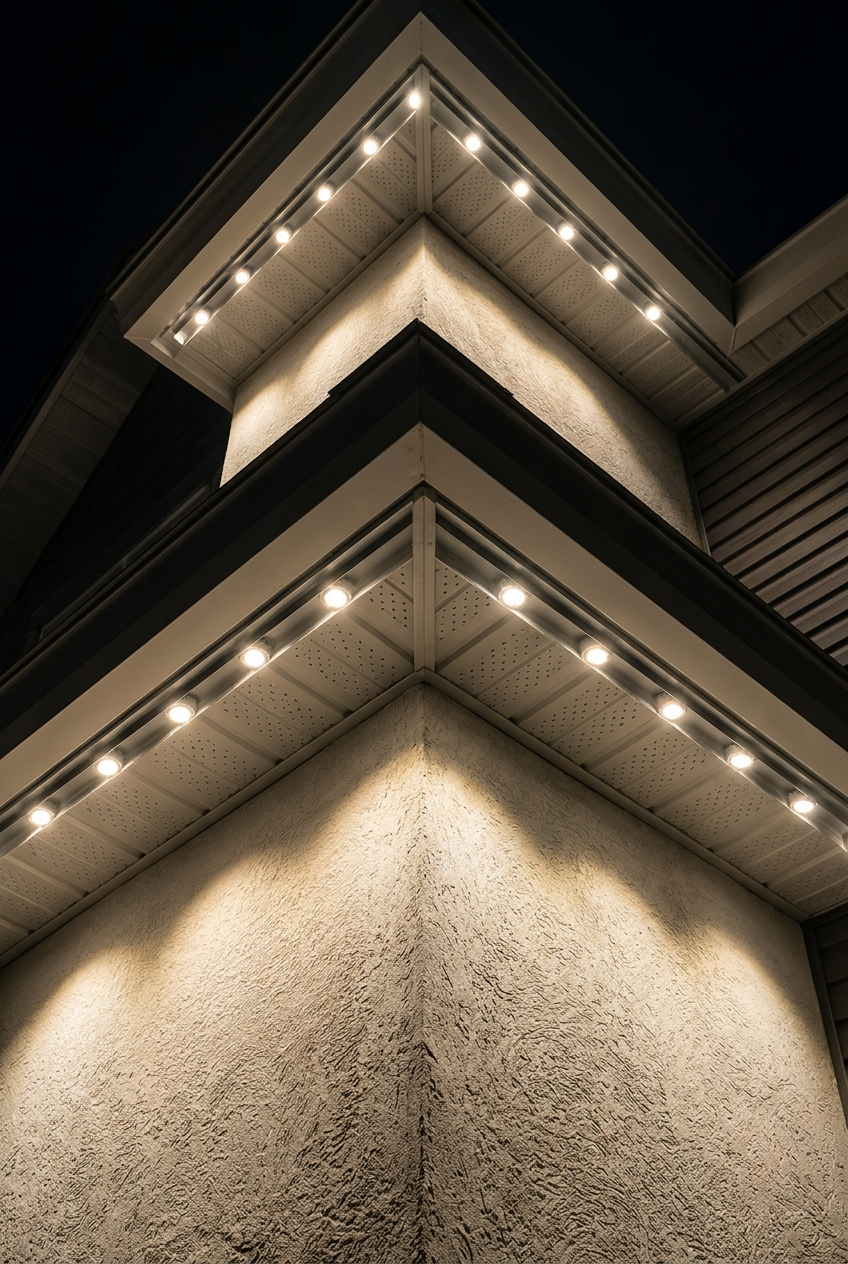 Corner of a roofline at night with evenly spaced permanent LED soffit lights